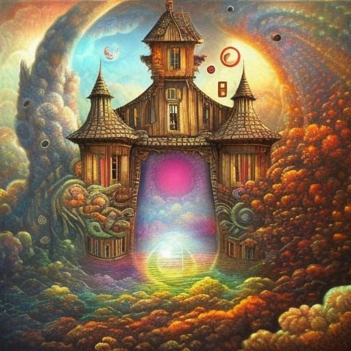 Fantasy Library Concept Art: Colorful Sky and Books