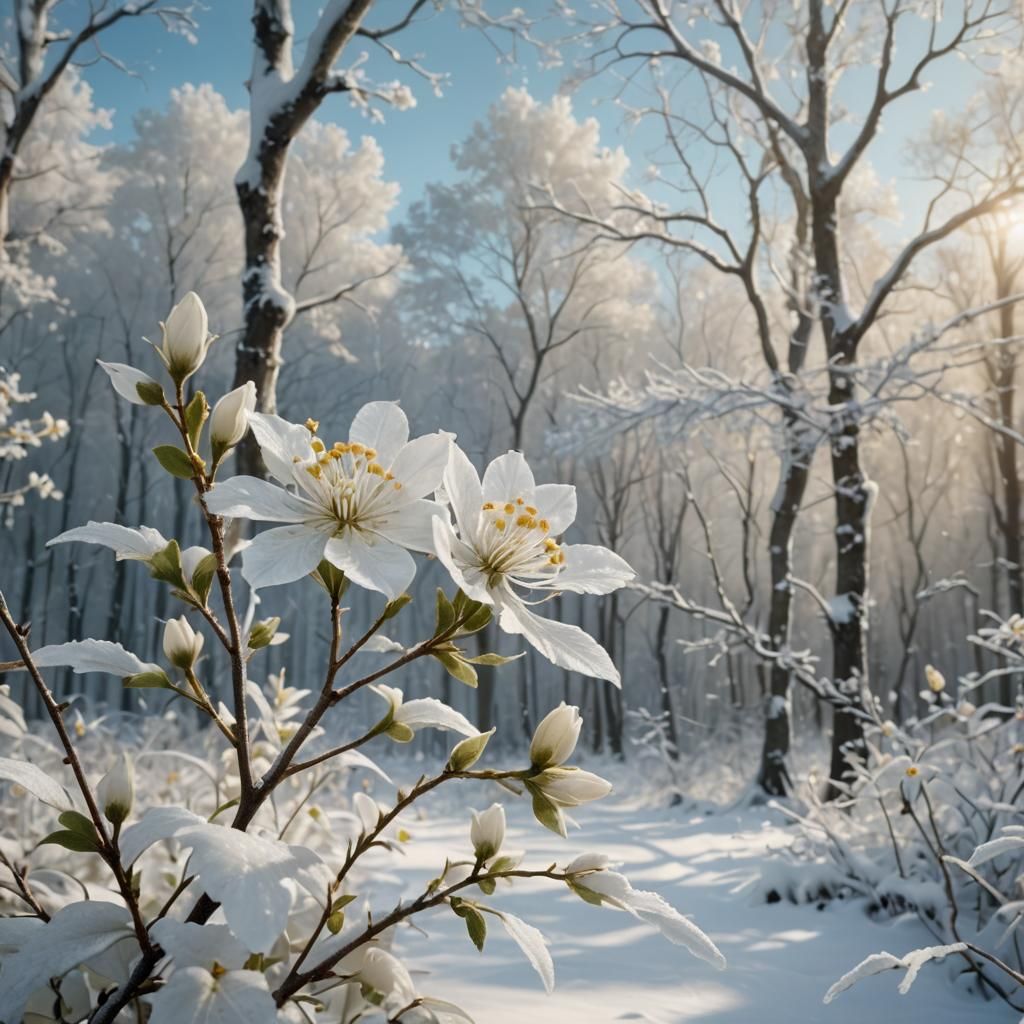 White Flower Blooms in Snow-Covered Forest