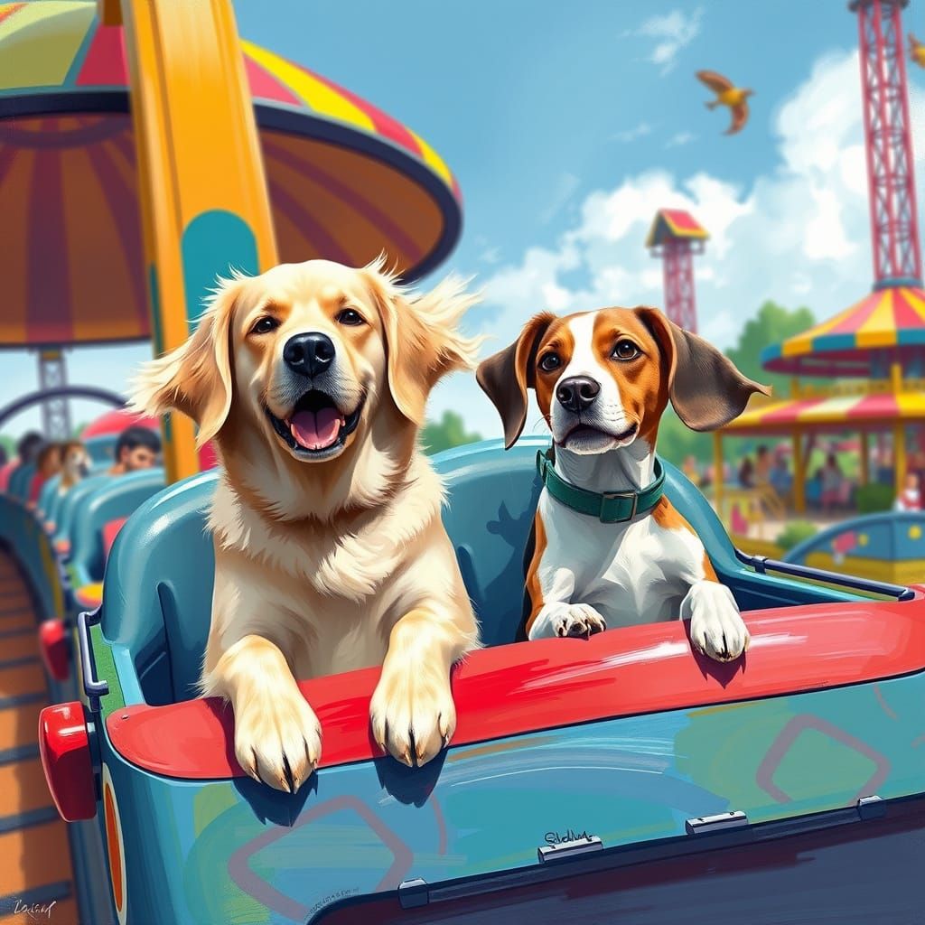 Dogs on Roller Coaster in Whimsical Style
