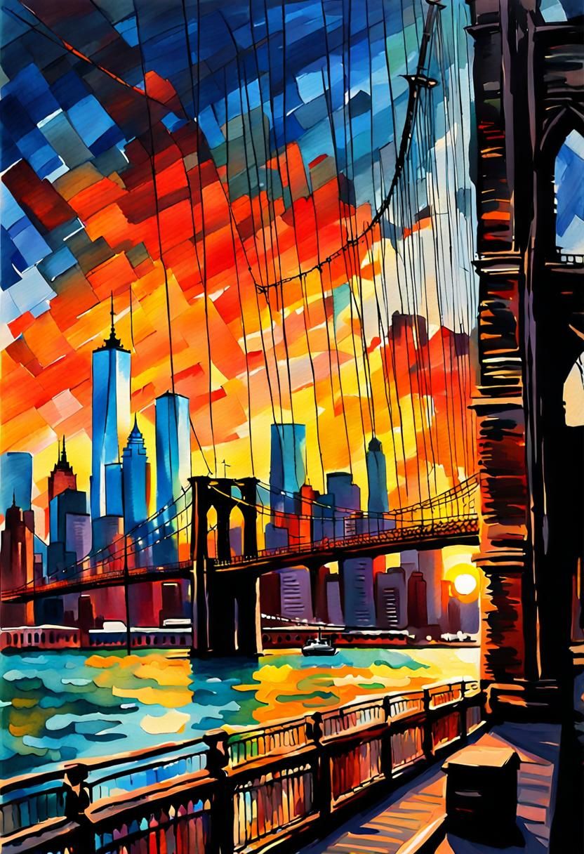 Brooklyn Bridge Sunset: Gouache Watercolor Impressionist Pai...