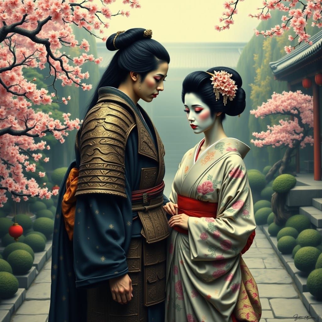 Samurai and Geisha in Serene Japanese Gardens