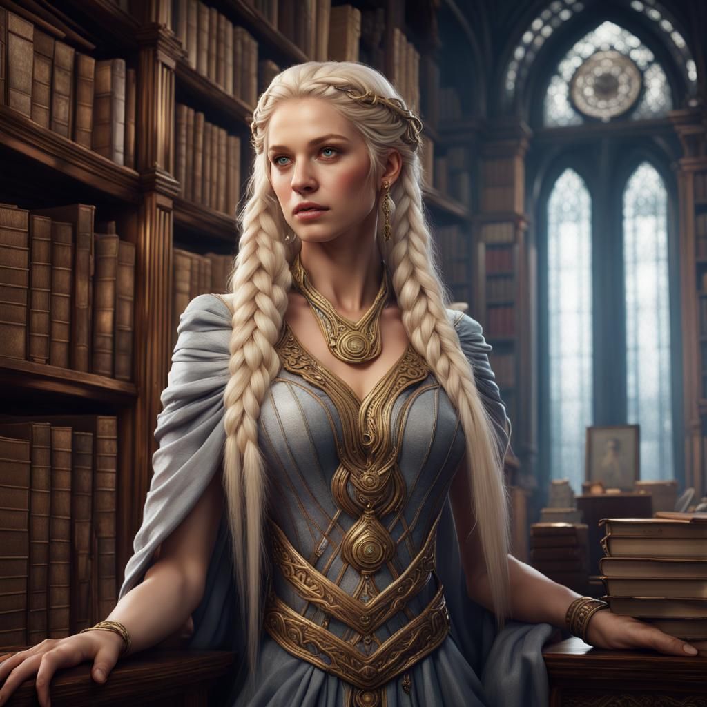 Goddess of Wisdom in a Library: Fantasy Art