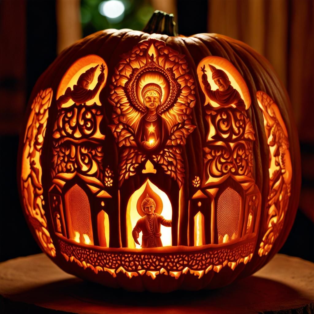 Intricate Pumpkin Carving with Candlelight