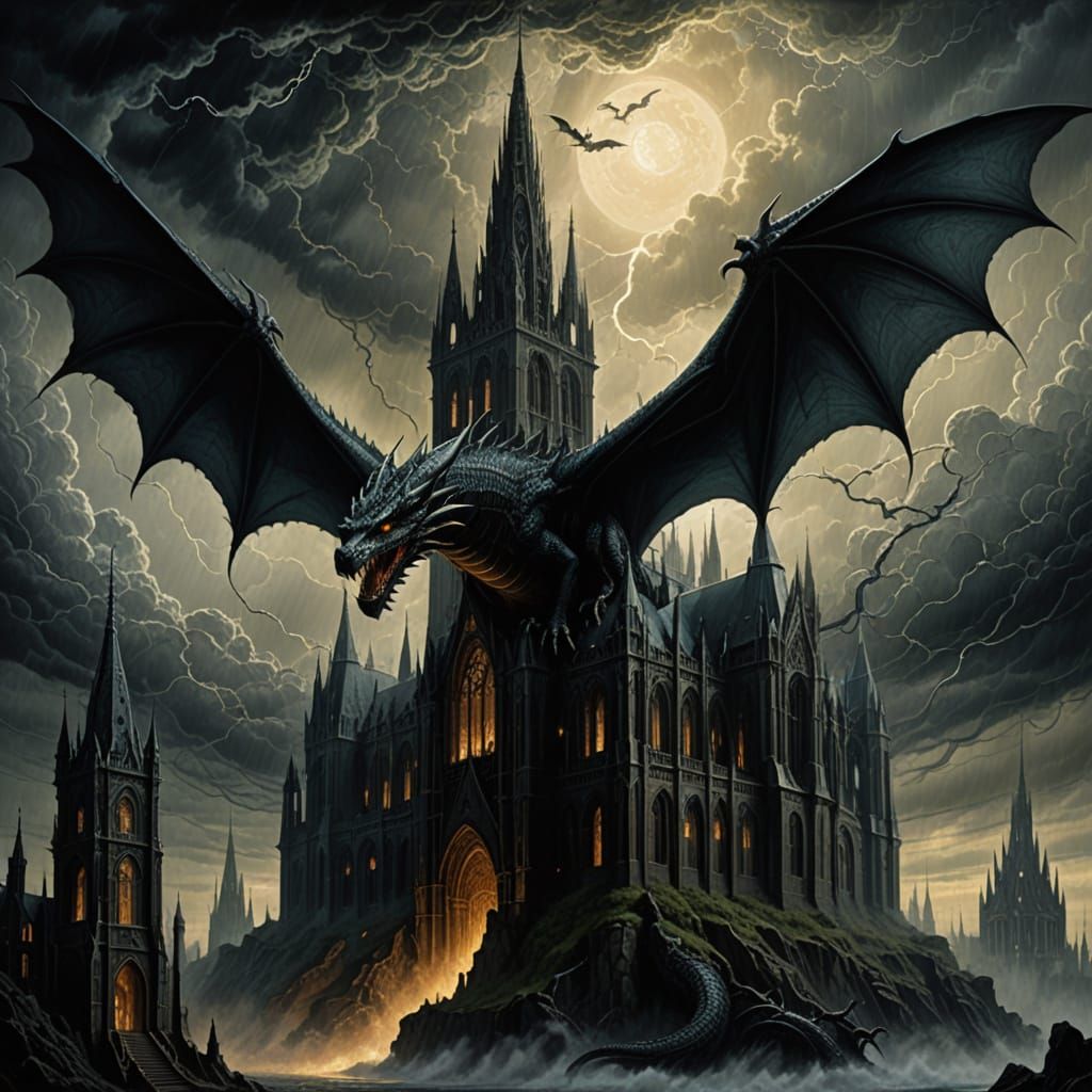 Dragon in Flight Against a Gothic Cathedral