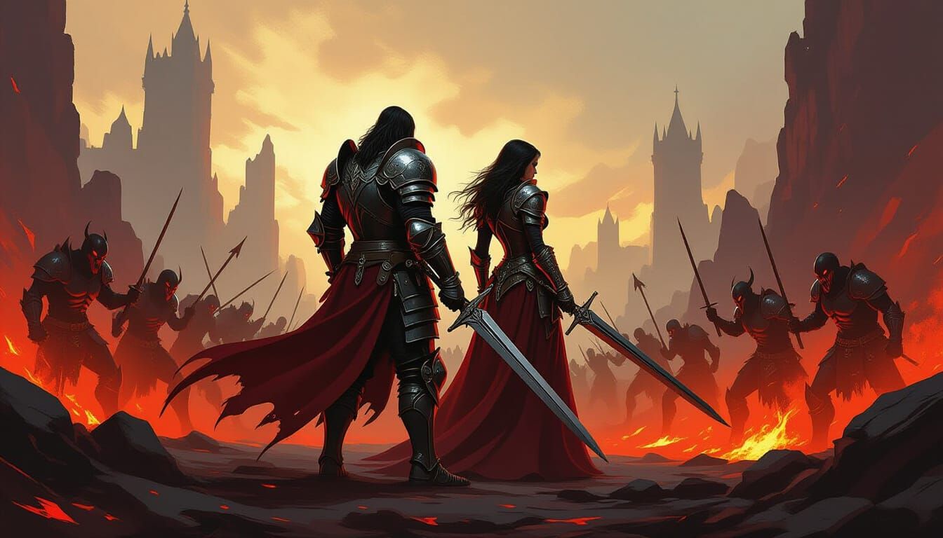 Knights Battle Demons in Hellish Landscape Concept Art