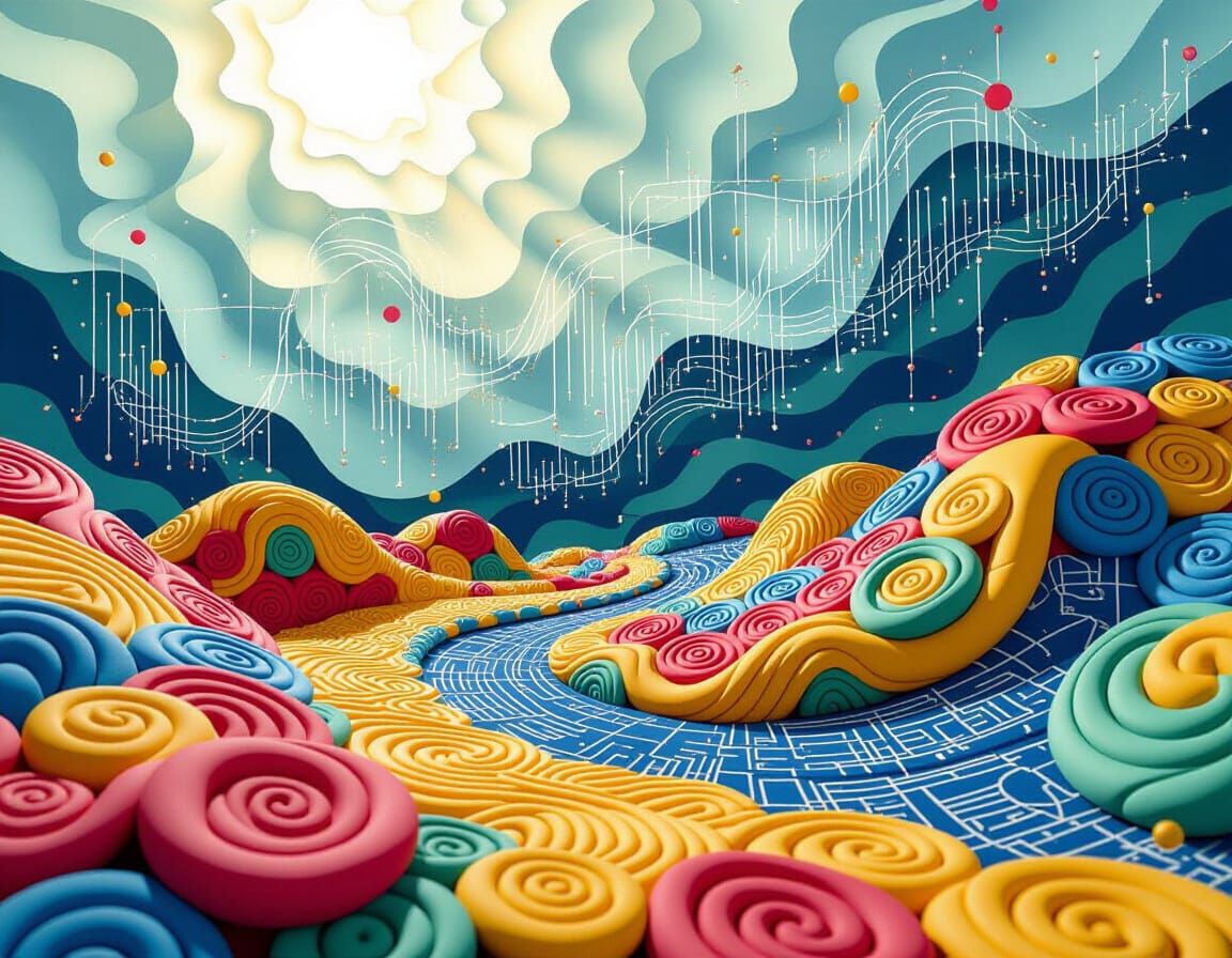 Abstract Clay Landscape with Circuit Diagram in Digital Real...