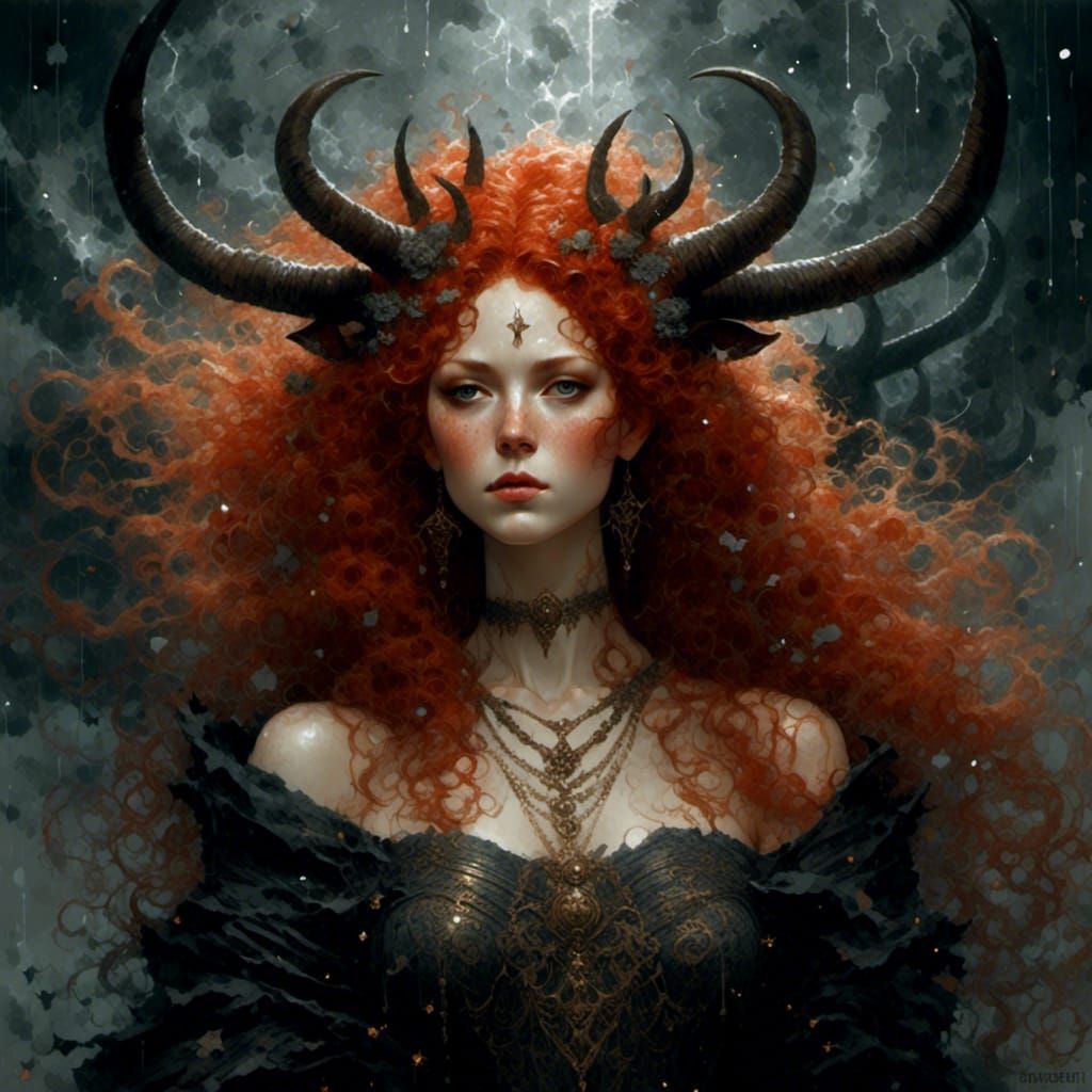 Red-Headed Horned Goddess in Storm, Digital Art