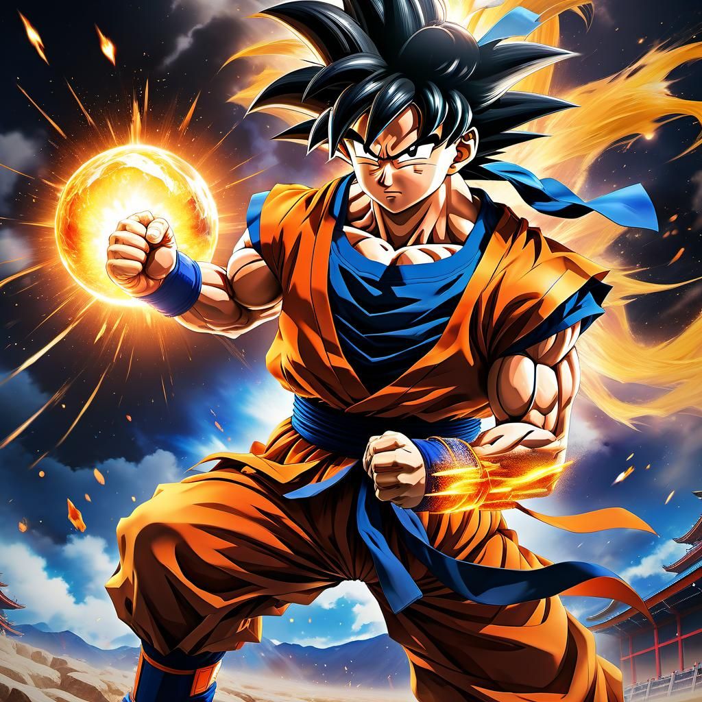 Ultimate showdown Anime, Goku showing his strength in the arena against his opponent looking ready to slay him with ligh...