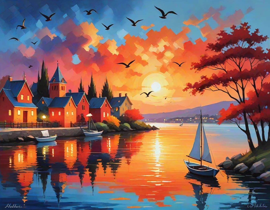 Impressionist Sunset on a Serene Waterfront