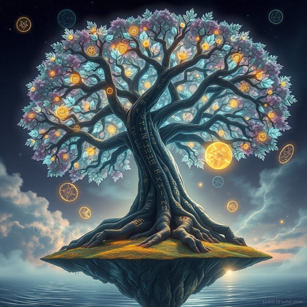 Ancient Tree on Floating Island with Golden Runes
