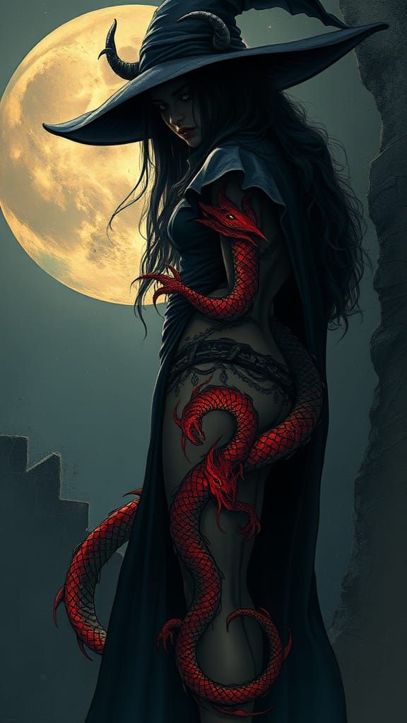 Mysterious Dark Fantasy Sorceress with Crimson Dragon Tattoo
