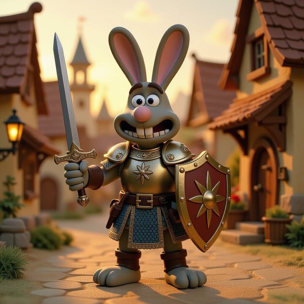 Claymation Rabbit Paladin in Medieval Village