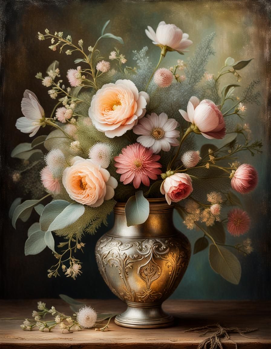 Baroque Still Life: Floral Bouquet in Antique Vase