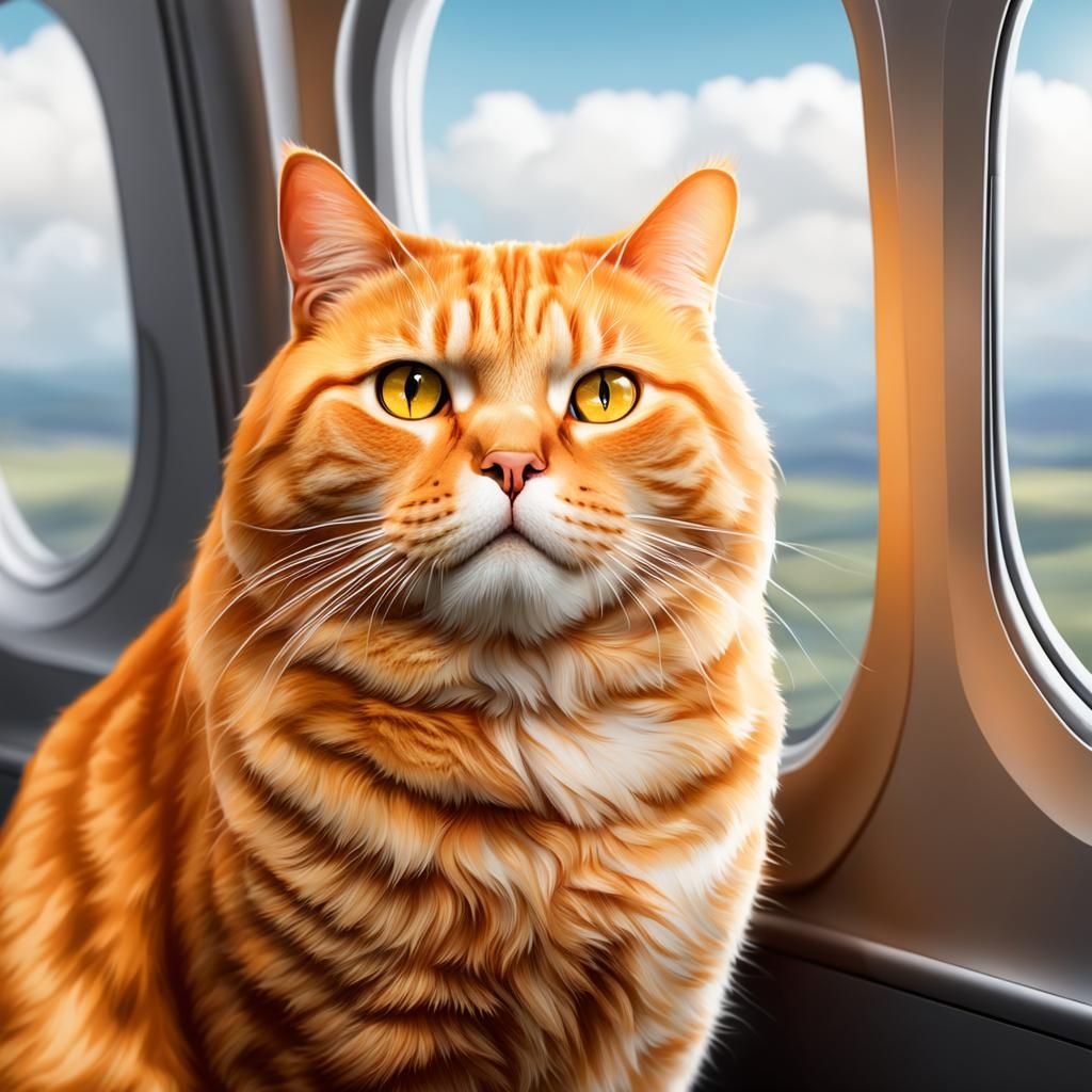 Sad Orange Cat Gazing Out Airplane Window