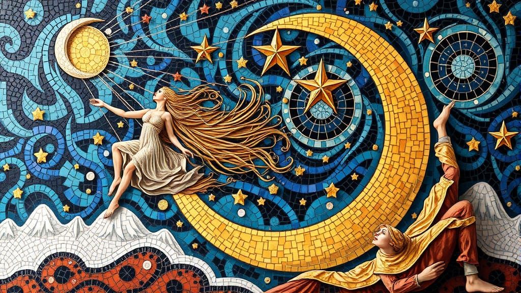 Mosaic Organic Composition Goddess Crescent Strewing Stars, Kvasha, Josephine-Wall QUAD 4