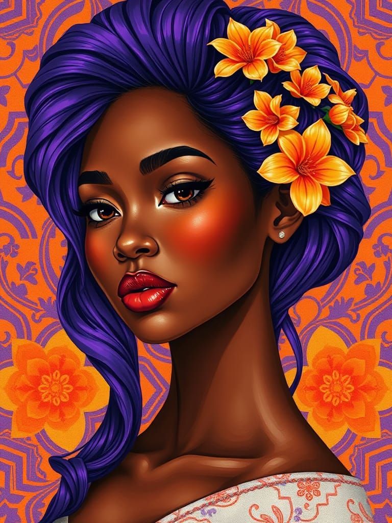 Elegant Woman with Flowers and Geometric Art Nouveau Backgro...