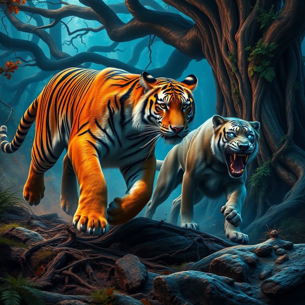 Tiger Pursued Through Mystical Forest in Matte Painting Styl...