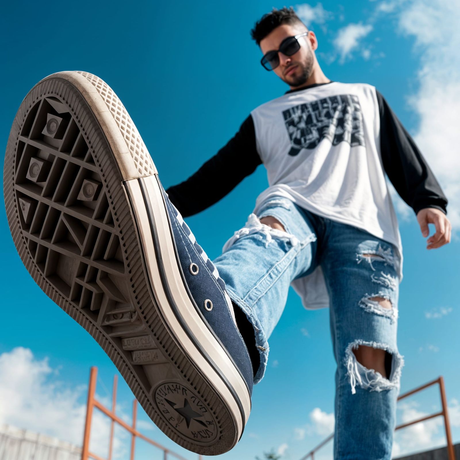 Young Man Steps Forward in Vibrant Urban Landscape