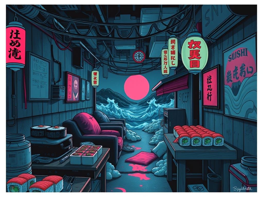Cyberpunk Sushi Bar in a Futuristic Slum by the Sinister Sea