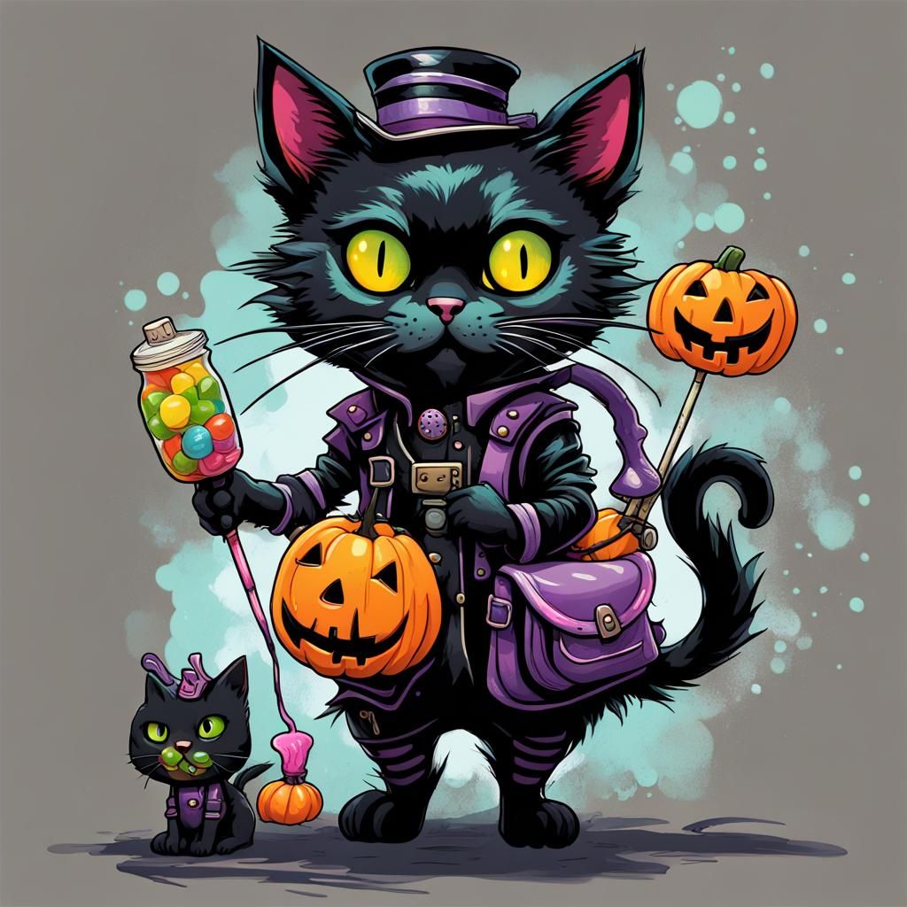 Cute aetherpunk balck cat carrying trick or treat candy bags,out trick or treating on Halloween night , graffiti art, ...