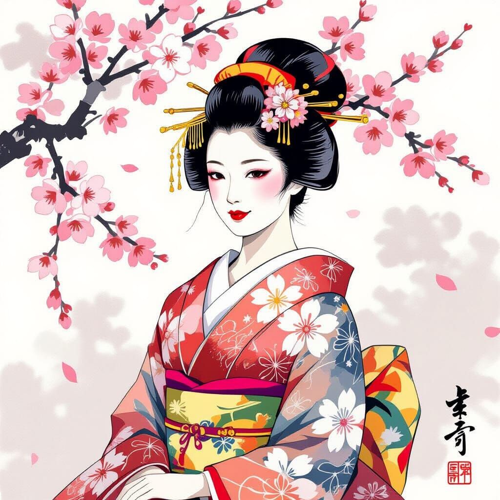Geisha in Cherry Blossoms: Ukiyo-e Style