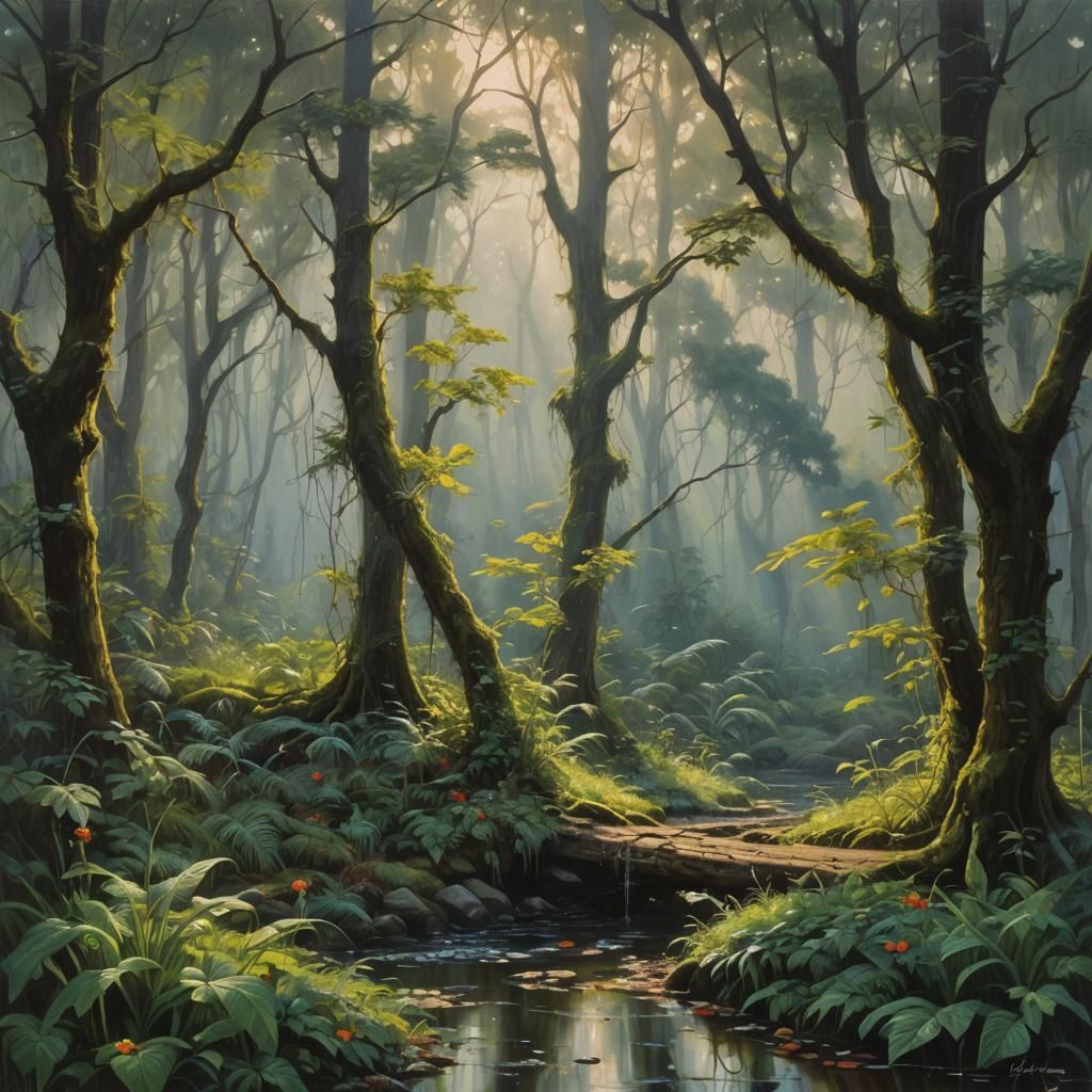 Dreamlike Forest and Garden in Morning Light