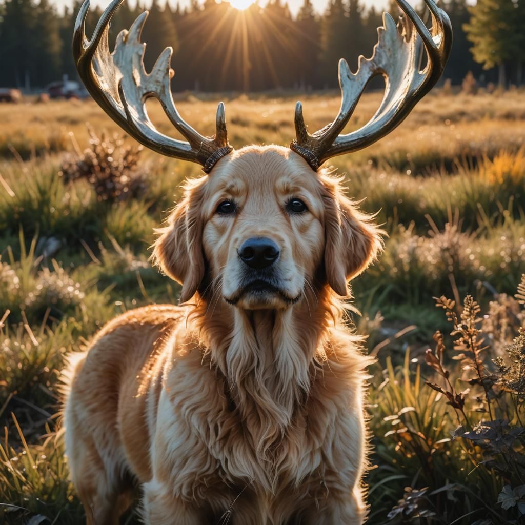 Golden Retriever Puppy with Antlers in Field