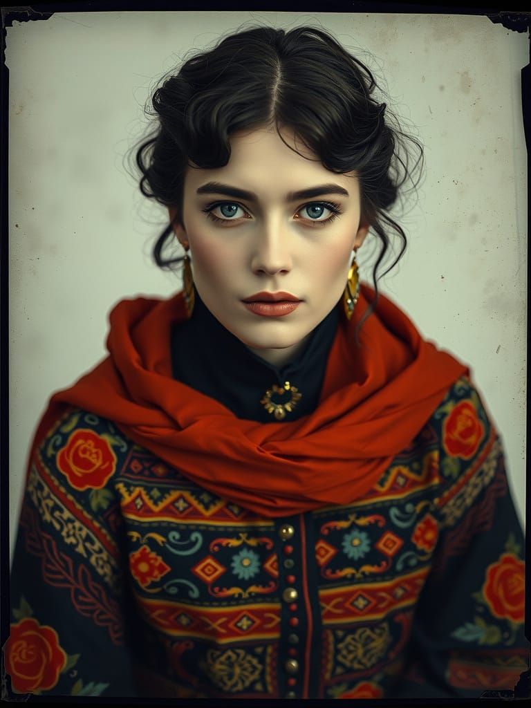 Whimsical Bohemian Portrait in Vibrant Hand-Coloring Style