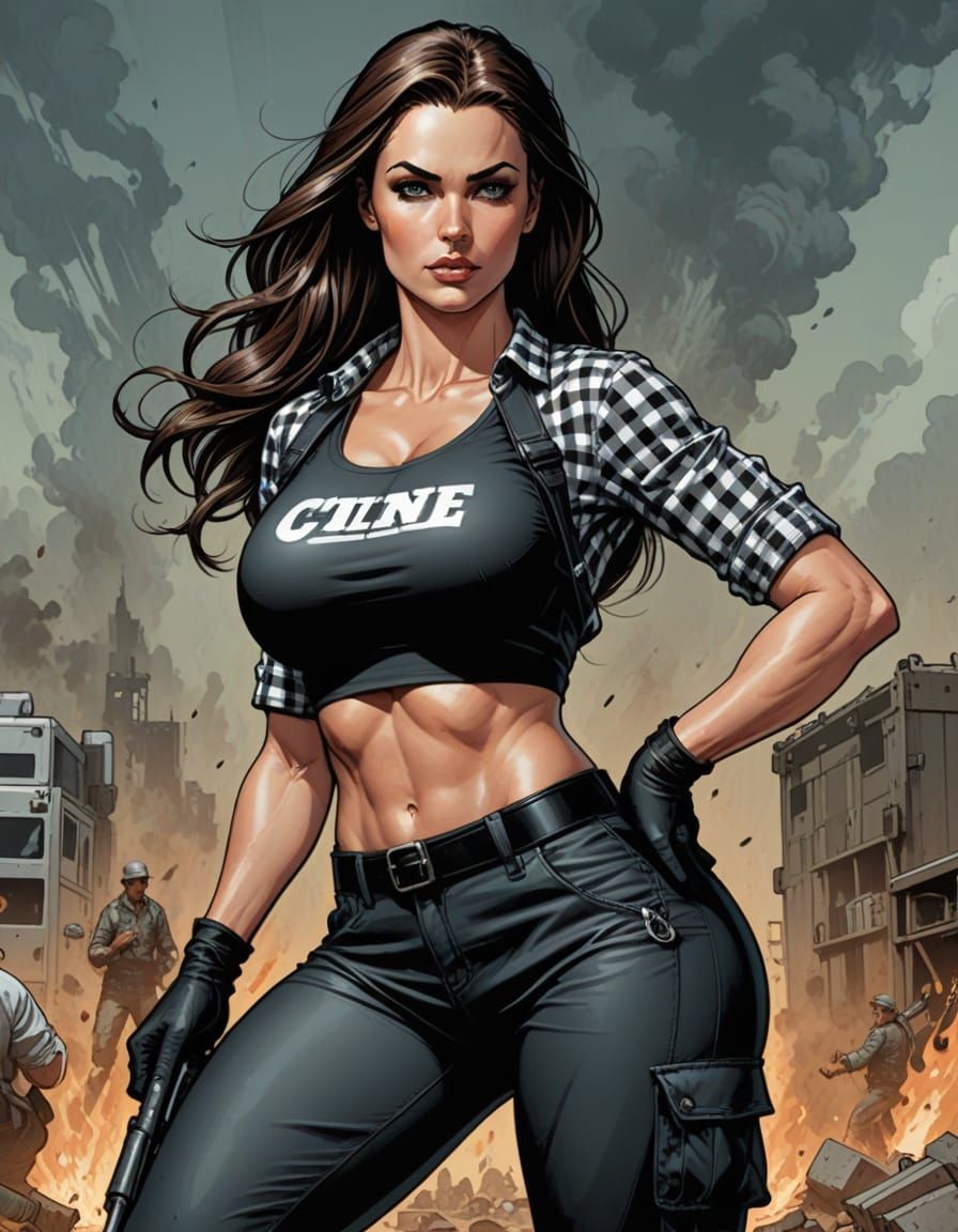 Athletic Woman in Gingham Shirt and Cargo Pants in Comic Boo...