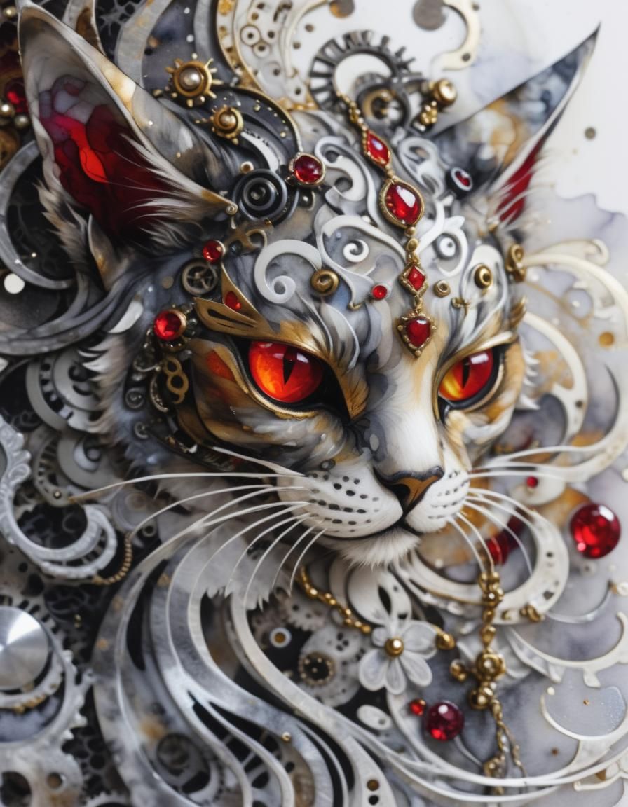Steampunk Feline in Abstract Expressionist Style