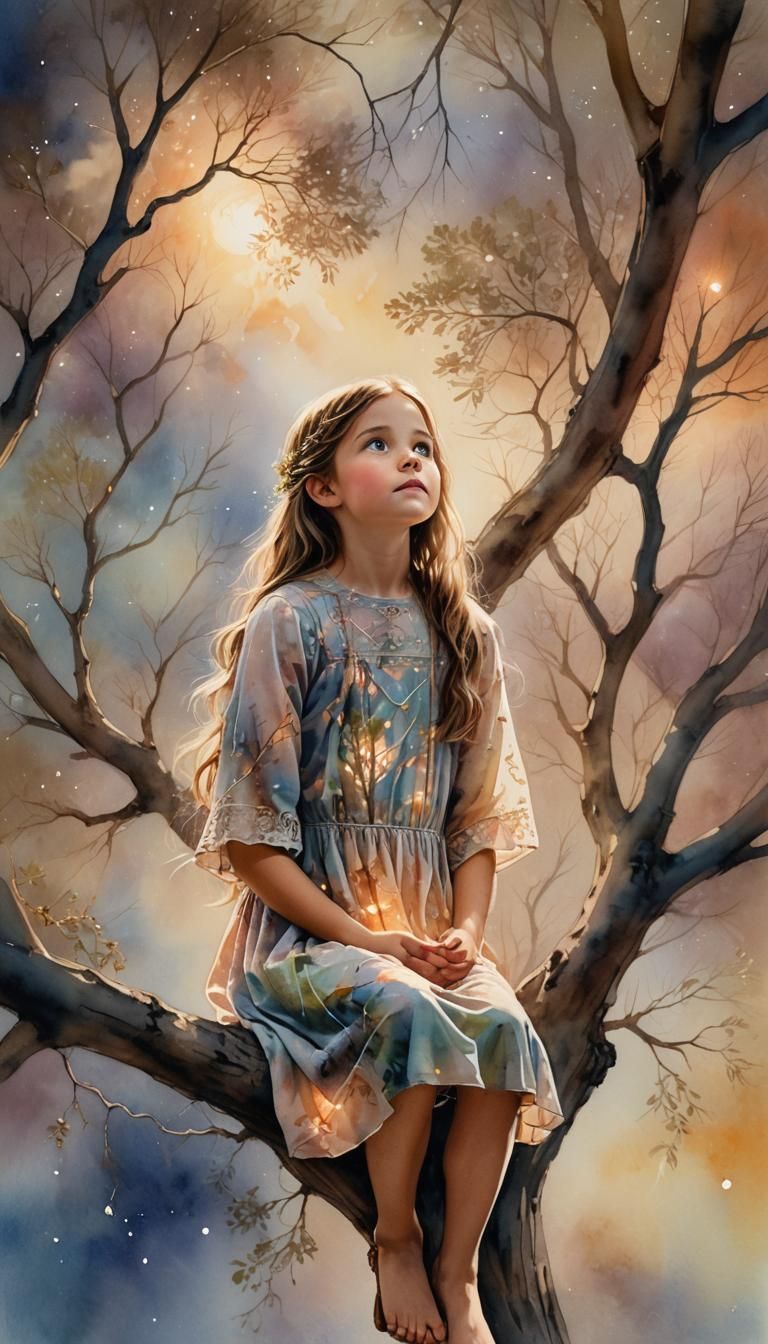 Girl in Tree Dress: Whimsical Surrealism in Watercolor