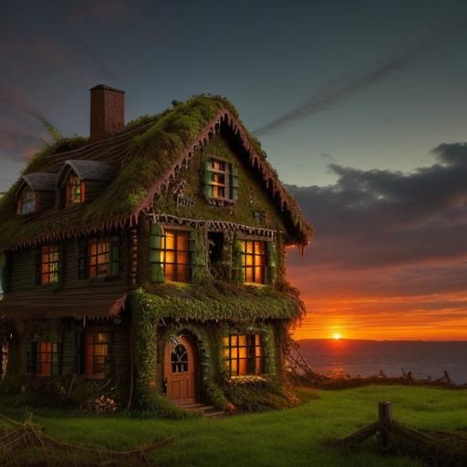 Gingerbread House in Overgrown City at Sunset