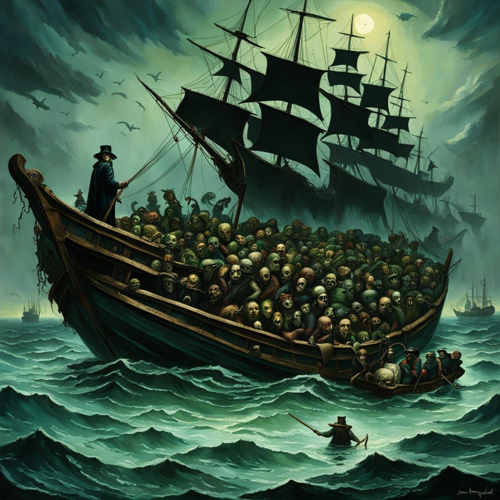 Sinister Horrorpunk Seascape with Rotten Rafts