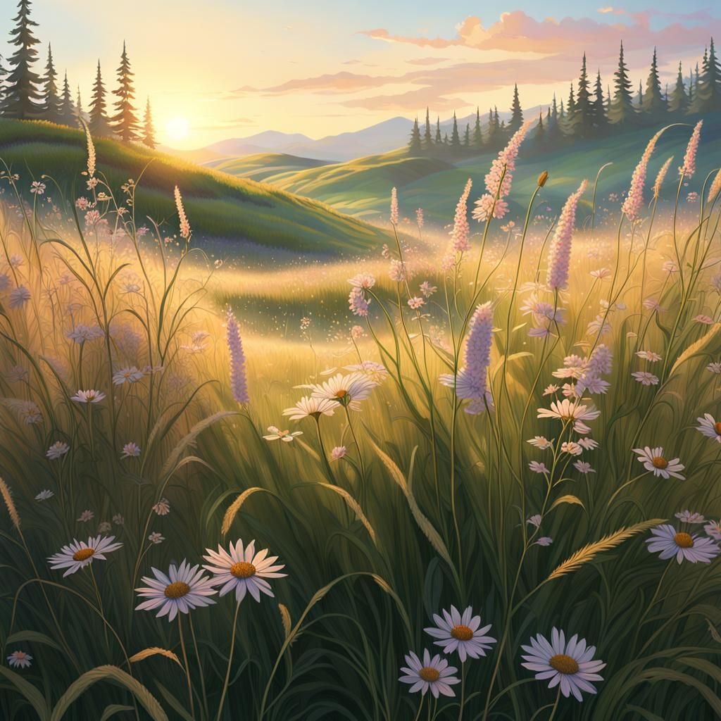 Serene Meadow at Sunset: 3D Digital Art