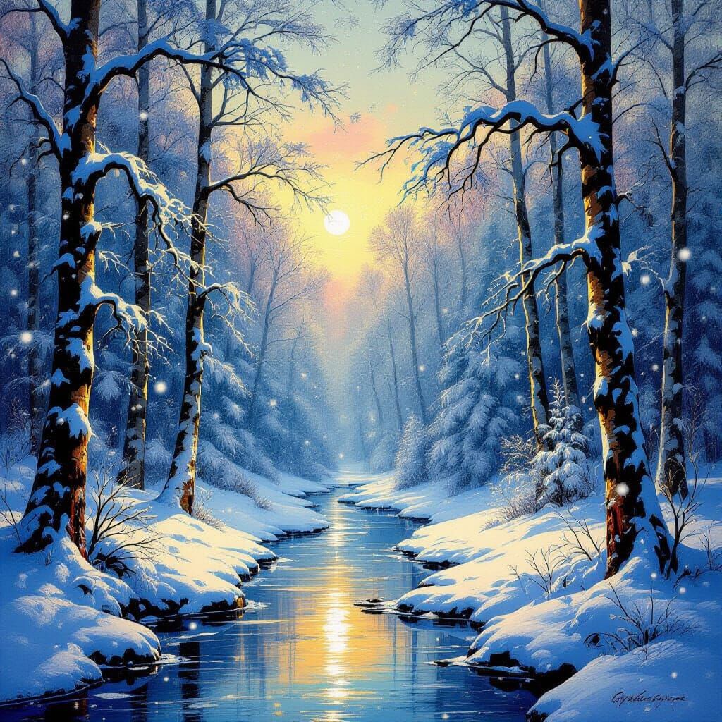 Snowy Forest Landscape in Romantic Style