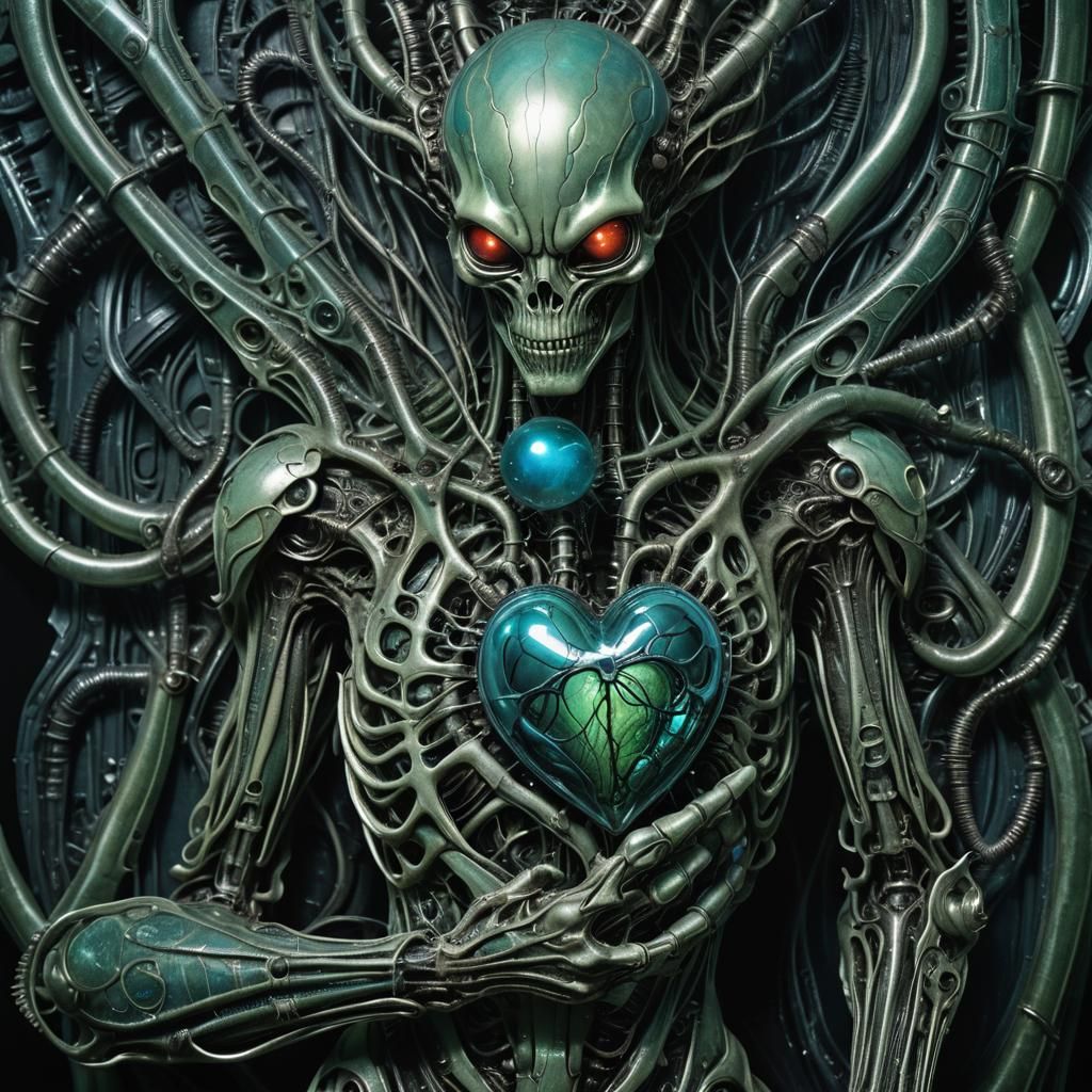 Glowing Biomechanical Heart in Dark Metallic Abyss