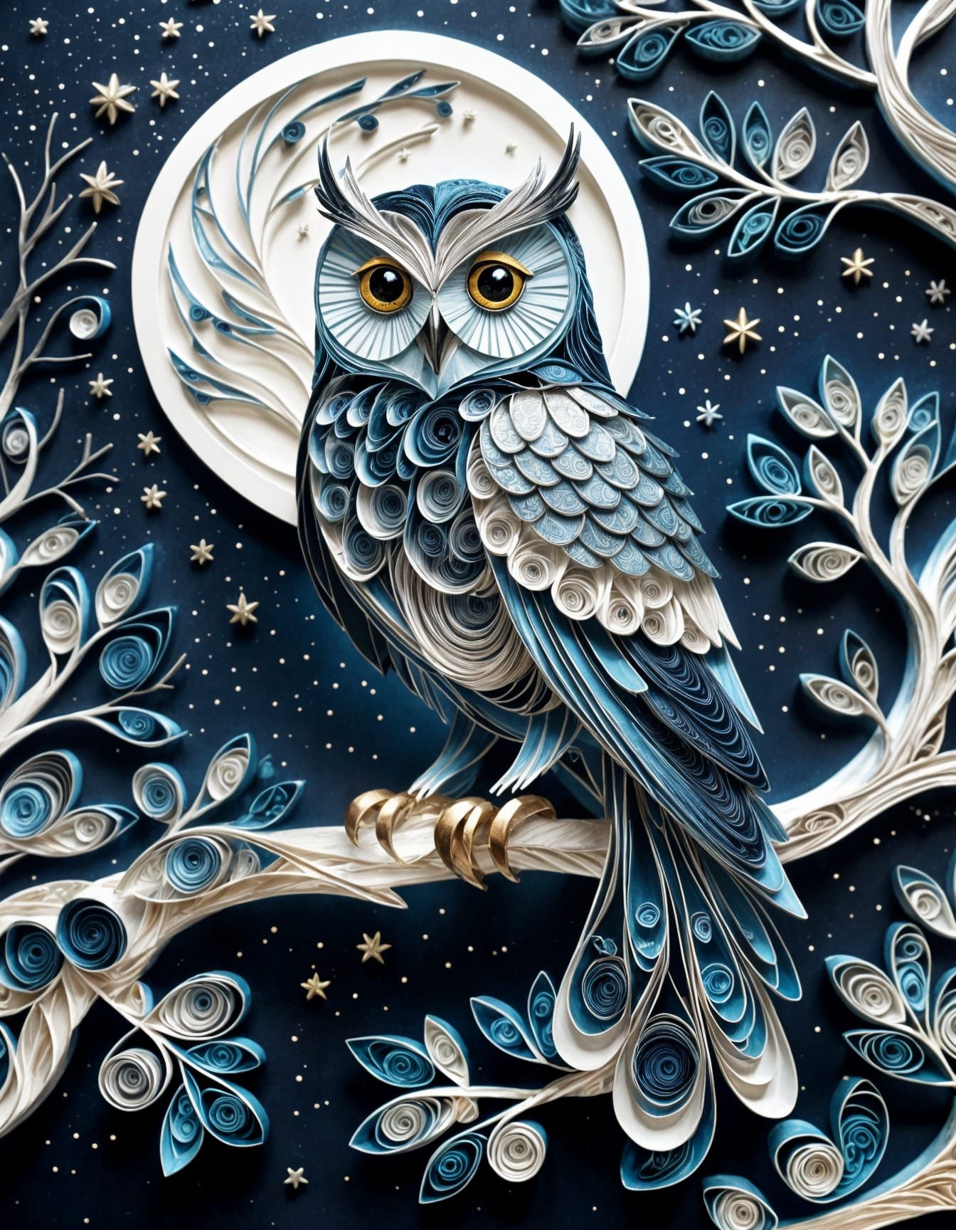 Silver Paper Quilled Owl on Starry Branch
