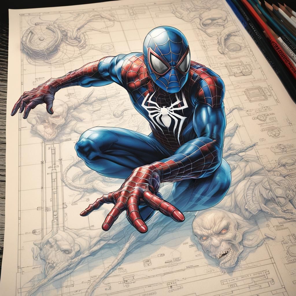 Biomechanical Spiderman Blueprint in Comic Book Style