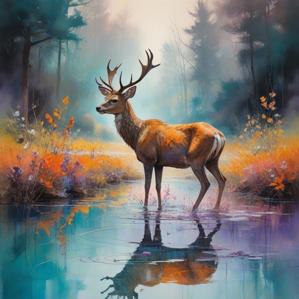 Vibrant Mixed Media Art Depicting Deer in Misty Meadow