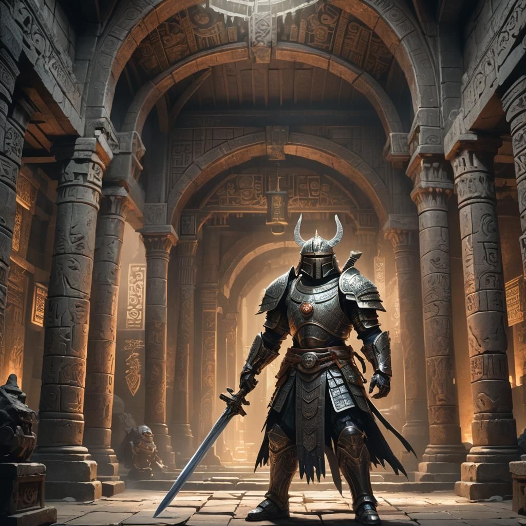 Japanese-Aztec Warrior in Stone Chamber, Fantasy Matte Paint...