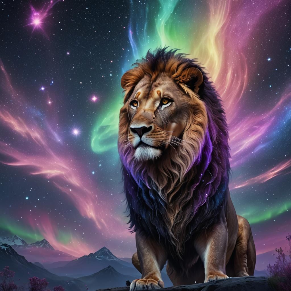 Lion Made of Stars and Aurora Borealis