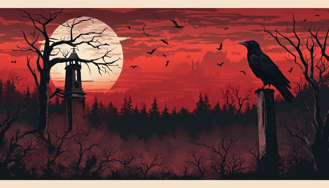 Darkening Landscape with Crow and Ruined Bell Tower