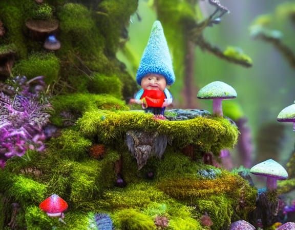 Whimsical Gnome Tending Glowing Mushroom Garden