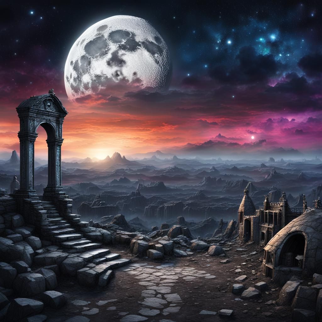 Gothic Steampunk Landscape with Silver Moon