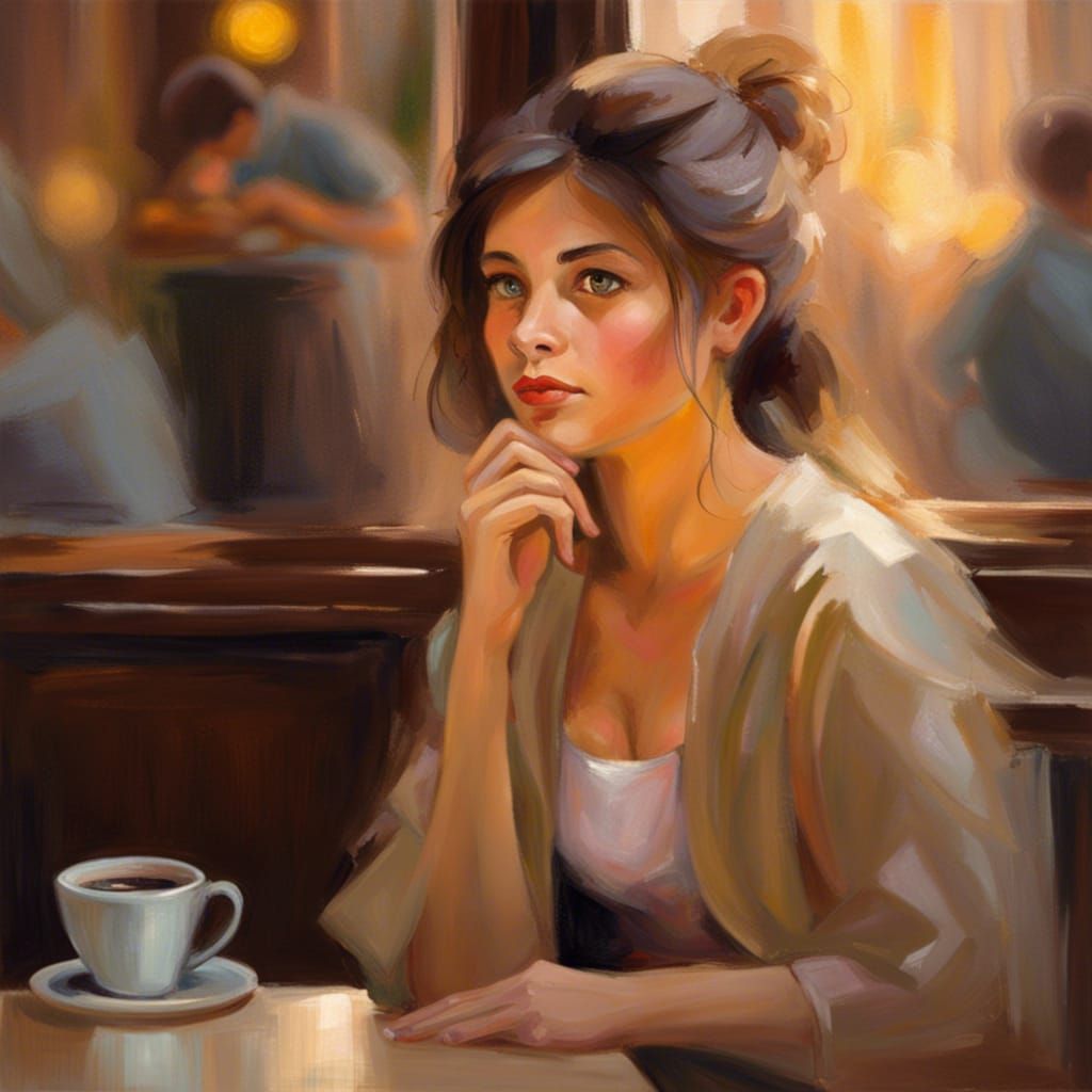 Girl Sipping Coffee in Cozy Cafe, Impressionist Style