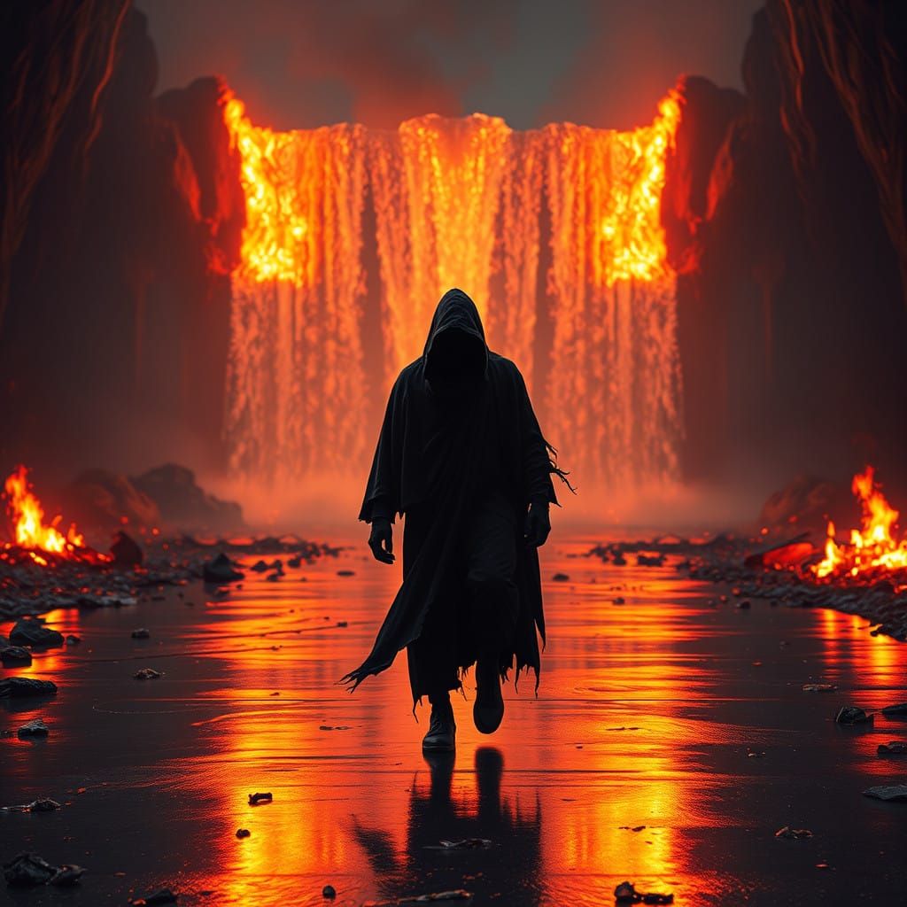 Grim Reaper Walks Through Fiery Cyberpunk Landscape