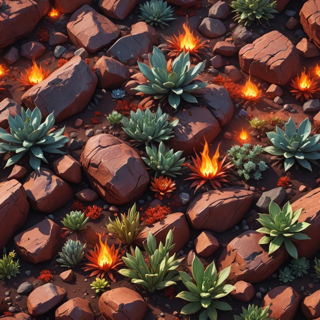 Cardinal Fire flames Mars crystal iron spark red rock life plants peace love