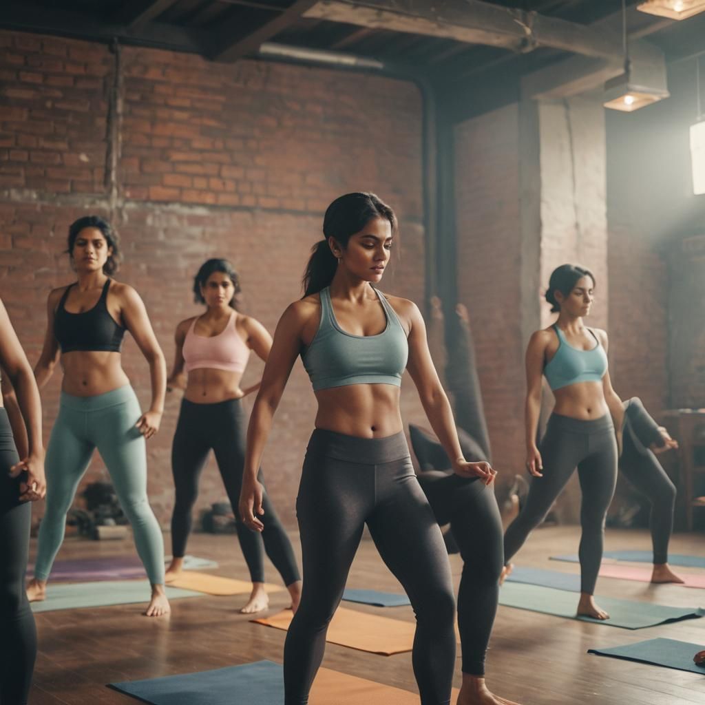 A close up full view  scene of beautiful   Indian women  in a yoga pants doing a yoga.