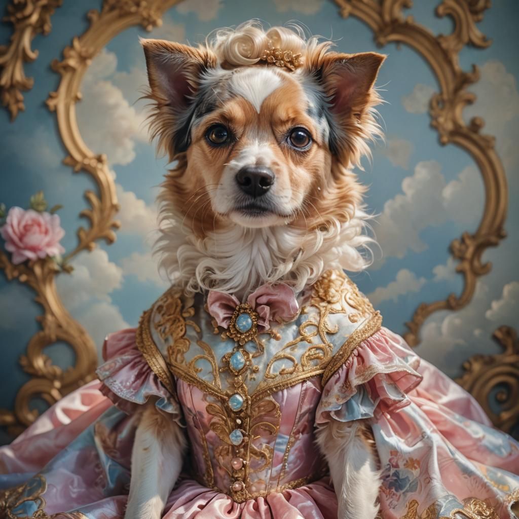 Dog in Rococo Dress: Hyperrealistic Portrait