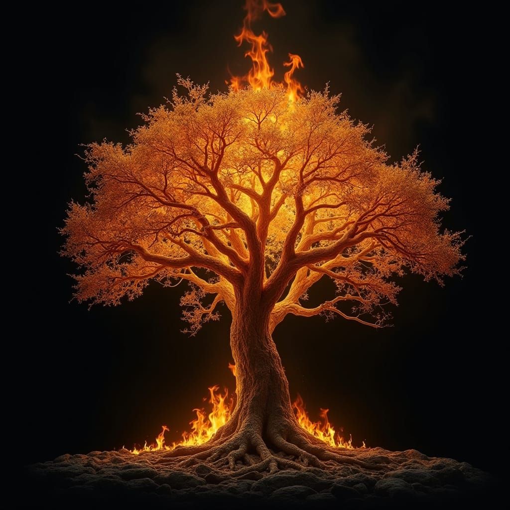Golden Tree Radiates Fiery Splendor in 4K Double-Exposure